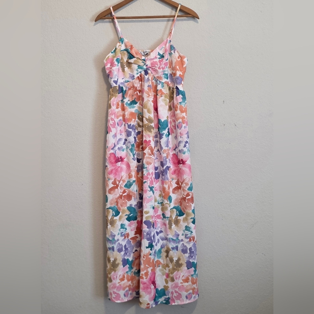 Yours Truly Floral Midi Sundress Linen Blend Smocked Vacation Resort  SZ 14
